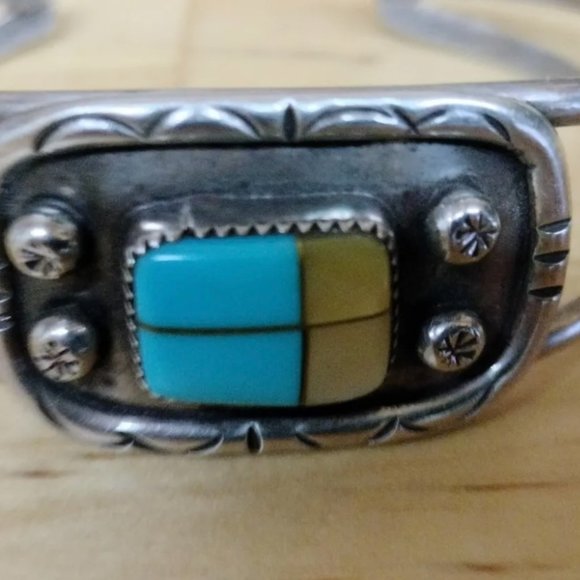 Vintage Native Turquoise & Mother of Pearl Sterling Silver Cuff Bracelet - Picture 1 of 4